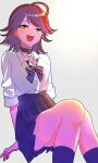  1girl :d absurdres ahoge awakened_miki black_bow black_bowtie black_collar black_socks bow bowtie breasts brown_hair collar collared_shirt commentary_request concept_gyarus_(idolmaster) diagonal-striped_bow diagonal-striped_bowtie diagonal-striped_clothes green_eyes grey_background grey_skirt heart_collar highres hoshii_miki idolmaster idolmaster_(classic) idolmaster_1 idolmaster_million_live! idolmaster_million_live!_theater_days izu_(mikirdgn) looking_at_viewer miniskirt official_alternate_costume official_alternate_hairstyle open_mouth shirt short_hair simple_background sitting skirt smile socks solo striped_bow striped_bowtie striped_clothes white_shirt 