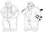  2022 anthro belly big_belly bottomwear bulge canid canine canis clothing domestic_dog duo felid hat headgear headwear hi_res humanoid_hands i_0rai kemono male mammal overweight overweight_male pantherine pants police police_officer police_uniform shirt tiger topwear uniform 
