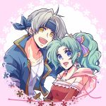  1boy 1girl :d ayana_(iqaw5cfohvdtver) blue_eyes blue_headband blue_jacket breasts cape commentary_request detached_sleeves dress earrings final_fantasy final_fantasy_vi green_hair grey_hair hair_ribbon headband heart jacket jewelry locke_cole long_hair looking_at_viewer medium_breasts necklace open_clothes open_jacket open_mouth ponytail purple_ribbon red_dress ribbon shirt short_hair smile teeth terra_branford upper_body upper_teeth_only white_shirt yellow_cape yellow_eyes 