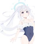 1girl absurdres black_one-piece_swimsuit blue_archive blue_halo breasts casual_one-piece_swimsuit commentary covered_navel frilled_one-piece_swimsuit frills grey_eyes grey_hair halo highleg highleg_one-piece_swimsuit highres kagamidayo_0615 long_hair looking_at_viewer miyako_(blue_archive) miyako_(swimsuit)_(blue_archive) off-shoulder_one-piece_swimsuit off_shoulder official_alternate_costume one-piece_swimsuit ponytail simple_background small_breasts solo swimsuit two-tone_one-piece_swimsuit white_background 