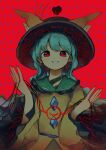  1girl absurdres black_hat bow buttons collared_shirt commentary_request contrast_collar diamond_button disembodied_linked_eye earrings frilled_shirt_collar frilled_sleeves frills green_hair green_skirt grin hat hat_bow heart highres jewelry komeiji_koishi long_hair long_sleeves neruzou red_background red_eyes shirt skirt smile solo string text_background touhou translation_request upper_body wide_sleeves yellow_bow yellow_shirt 