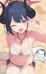  1girl :d ;d arm_behind_back beach bikini blue_archive blush breasts camera chiaki_(blue_archive) chiaki_(swimsuit)_(blue_archive) cleavage collarbone commentary cowboy_shot day demon_girl demon_horns doodle_sensei_(blue_archive) ennhei_one hair_bun hair_ornament hair_scrunchie halo halterneck hand_up happy holding holding_camera horns jewelry medium_breasts navel necklace notice_lines o-ring o-ring_bikini o-ring_top official_alternate_costume official_alternate_hairstyle on_ground one_eye_closed open_mouth orange_scrunchie outdoors pointy_ears red_eyes red_halo role_reversal scrunchie sensei_(blue_archive) side-tie_bikini_bottom sidelocks single_hair_bun sitting slit_pupils smile solo speech_bubble spoken_character string_bikini swimsuit taking_picture thigh_gap v v_over_head white_bikini 