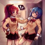  ! !! 2girls absurdres apple black_skirt blue_eyes blue_hair bow bowtie breasts clothes_grab collar_grab cowboy_shot food fruit hallway hand_on_own_hip highres holding holding_food holding_fruit indoors locker long_hair long_sleeves looking_at_another mahou_shoujo_madoka_magica mahou_shoujo_madoka_magica:_hangyaku_no_monogatari miki_sayaka mitakihara_school_uniform motion_lines multiple_girls neckwear_grab parted_lips red_bow red_bowtie red_eyes red_hair sakura_kyoko school_uniform short_hair shoving skirt small_breasts smile speech_bubble sunsickdoll sweatdrop sweater teeth yellow_sweater 