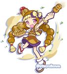  1girl alternate_costume belt bow bowl bracelet brown_belt brown_bow brown_hair brown_kimono commentary_request ear_tufts facial_mark fang food food_on_head forehead_mark full_body hair_bow holding holding_bowl holding_food japanese_clothes jewelry kimono long_hair looking_at_viewer merina_(puyopuyo) multi-tied_hair nejiri_hachimaki object_on_head octopus_hair_ornament official_style open_mouth outstretched_arm pimyuhuwa pink_eyes pleated_skirt pointy_ears purple_bow purple_skirt puyopuyo puyopuyo_quest sandals short_kimono short_sleeves simple_background skirt smile socks solo tabi takoyaki twitter_username very_long_hair white_background white_socks zouri 