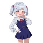  1girl absurdres belt blue_belt blue_dress blush dress fang hanakaji_(yuuchanto) highres looking_at_viewer mesugaki original pointy_ears red_eyes shirt shirt_under_dress simple_background skin_fang smile smug solo two_side_up white_hair white_shirt 