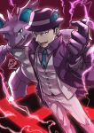  1boy black_hair blue_necktie collared_shirt commentary_request giovanni_(pokemon) gloves hand_on_hip hat highres jacket looking_at_viewer male_focus mono_land necktie nidoking open_clothes open_jacket open_mouth pants pokemon pokemon_(creature) pokemon_(game) pokemon_masters_ex purple_gloves purple_headwear purple_jacket purple_shirt shirt signature standing vest white_pants white_vest 