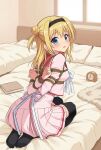  1girl absurdres ai-assisted ai-generated_background arms_behind_back back_bow bdsm black_hairband black_thighhighs blonde_hair blue_eyes blush bondage bound bound_arms bound_torso bow breasts chinese_commentary chitose_sana commentary commission from_behind full_body hair_between_eyes hair_bun hair_intakes hair_over_shoulder hairband highres long_hair long_sleeves looking_at_viewer looking_back meitoku miniskirt no_shoes open_mouth pink_serafuku pink_shirt pink_skirt pleated_skirt red_sailor_collar sailor_collar school_uniform second-party_source seiza serafuku shibari shibari_over_clothes shirt sidelocks simple_background sitting skirt small_breasts solo tenshinranman thighhighs two_side_up white_background white_bow zettai_ryouiki 