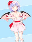  1girl ;) absurdres bangs bat_wings big_mouse blush bobby_socks bow breasts closed_mouth commentary_request eyebrows_visible_through_hair fangs feet_out_of_frame frilled_shirt_collar frilled_skirt frilled_sleeves frills hair_between_eyes hat hat_ribbon highres looking_at_viewer mob_cap nipples off_shoulder one_eye_closed open_clothes open_shirt pink_headwear pink_shirt pink_skirt puffy_short_sleeves puffy_sleeves purple_hair red_bow red_eyes red_ribbon remilia_scarlet ribbon shiny shiny_hair shirt short_hair short_sleeves skirt skirt_set small_breasts smile socks solo standing touhou waist_bow white_legwear wings wrist_cuffs 