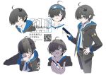  1boy ahoge angry black_hair black_hoodie black_pants blood blood_on_face blood_on_hand blue_eyes blue_necktie blush clenched_hand closed_eyes collarbone commentary_request cowboy_shot facing_viewer from_side gotyou hair_ornament hair_over_one_eye hand_on_own_hip holding holding_phone hood hoodie key long_sleeves looking_at_hand looking_at_viewer looking_down looking_to_the_side male_focus male_tyrant_(pajamas)_(stella_sora) male_tyrant_(stella_sora) multiple_expressions multiple_views necktie pants phone pinstripe_pattern pinstripe_shirt pointy_ears portrait qr_code shirt short_hair simple_background sleep_mask smile stella_sora symbol-shaped_pupils tears teeth twitter_username tyrant_(stella_sora) upper_body upper_teeth_only watermark white_background white_shirt wiping_blood 