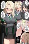  2girls blonde_hair blush bound bound_torso breasts commentary curseddelta draco_malfoy draco_malfoy_(redteneri) earrings embarrassed english_commentary english_text genderswap genderswap_(mtf) glasses green_necktie harry_potter harry_potter_(series) highres hogwarts_school_uniform implied_yuri jewelry long_hair medium_breasts multiple_girls necktie open_mouth panties pleated_skirt red_necktie round_eyewear school_uniform shibari skirt underwear white_panties wizarding_world 