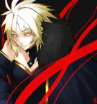  1girl absurdres alter_servant alternate_breast_size_(larger) aura black_background black_cloak black_dress blonde_hair breasts choppy_bangs cloak closed_mouth commentary dark_aura dark_persona detached_collar detached_sleeves dress english_commentary eyes_visible_through_hair fate/apocrypha fate_(series) flipped_sidelocks fur-trimmed_cloak fur_trim gold_trim hair_intakes highres medium_breasts moedredd mordred_(fate) mordred_(fate/apocrypha) multiple_scars parted_bangs red_aura scar scar_across_eye scar_on_face slouching solo spiked_hair strapless strapless_dress tsurime upper_body yellow_eyes 