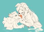  1boy 1girl animal_ear_blush animal_ears blue_background blush claws closed_eyes closed_mouth commentary crab dog_boy dog_ears dog_girl ear_blush facing_another furry furry_female furry_male hand_on_another's_head highres hzof6d jean_(si_land) looking_at_animal mother_and_child mother_and_son parent_and_child pawpads petting rosa_(si_land) si_land tearing_up untranslatable_commentary upper_body wading 