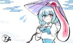  1girl aqua_hair aqua_vest blue_eyes closed_mouth commentary_request egasumi heterochromia highres holding holding_umbrella long_sleeves one-hour_drawing_challenge purple_umbrella red_eyes scavia10 shirt short_hair signature smile solo tatara_kogasa tongue touhou umbrella upper_body vest white_shirt 