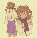  1girl alternate_costume brown_hair clenched_hand closed_mouth commentary english_commentary eyelashes flower freckles grid_background hair_bun hair_flower hair_ornament hand_in_pocket highres jacket kurashiki_akane kyokugen_dasshutsu kyokugen_dasshutsu:_9_jikan_9_nin_9_no_tobira long_hair messy_hair no_sclera one_eye_closed pakutheta purple_eyes purple_scarf purple_skirt scarf single_hair_bun single_side_bun skirt sleeves_past_fingers sleeves_past_wrists smile v yellow_jacket 