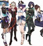  2boys 3girls akaneya_(akaneya1484) alhaitham_(genshin_impact) bow breasts chiori_(genshin_impact) commentary_request corset cosplay costume_switch genshin_impact gloves hakama hakama_shorts headdress highres horns japanese_clothes kaedehara_kazuha kaeya_(genshin_impact) kujou_sara multiple_boys multiple_girls nilou_(genshin_impact) nun_headdress raiden_shogun rosaria_(genshin_impact) scaramouche_(genshin_impact) shirt shorts sleeveless sleeveless_shirt white_background 