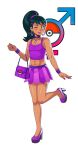  1boy ;) abs arm_at_side ash_ketchum bag bare_shoulders blush choker closed_mouth commentary commission covered_pectorals crossdressing crossdressing_(mtf) earrings english_commentary eyelashes eyeshadow foot_up_heel_up full_body girly_boy green_hair hair_ornament hair_tie hairclip hand_up handbag high_heels high_ponytail highres holding holding_bag hoop_earrings invisible_floor jewelry leg_up long_hair looking_at_viewer makeup male-female_symbol male_focus midriff miniskirt nail_polish navel_piercing necklace one_eye_closed orange_eyes pectorals pendant piercing pink_eyeshadow pink_lips platform_heels platform_shoes pleated_skirt poke_ball poke_ball_print pokemon pokemon_(anime) ponytail print_bag pumps purple_bag purple_choker purple_nails purple_shoes purple_skirt purple_tank_top purple_trim second-party_source shoes skirt smile solo standing standing_on_one_leg striped_clothes striped_skirt tank_top the63rdrule thighs_together trap turning_head vertical-striped_clothes vertical-striped_skirt white_background wristband 