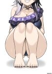  1girl alternate_costume artist_name barefoot black_hair black_nails blue_one-piece_swimsuit breasts cleavage collarbone commentary english_commentary eyes_out_of_frame feet frilled_one-piece_swimsuit frills grey_hair grin head_out_of_frame highres hololive hololive_english large_breasts multicolored_hair nail_polish one-piece_swimsuit partially_visible_vulva shadow shadowfix shiori_novella simple_background single_off_shoulder smile solo squatting swimsuit thick_thighs thighs toenail_polish toenails toes two-tone_hair white_background 