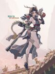  1girl absurdres architecture backpack bag bandaged_leg bandages black_hair block_heels blush breasts building cannon center_opening character_name chinese_commentary cleavage commentary_request dragon_girl dragon_horns dragon_tail east_asian_architecture floating_hair forehead full_body gourd hand_up high_heels highres holding holding_cannon holding_gourd holding_weapon horns huixing_chloy large_breasts legs long_hair lower_teeth_only mecha_musume mole mole_on_breast mountainous_horizon on_roof open_mouth orange_eyes original personification pointy_ears pouch shoe_soles side_slit sideboob sideless_outfit sidelocks silhouette simple_background smile standing standing_on_one_leg tail teeth thighs torn_clothes very_long_hair weapon white_background world_of_tanks wz-111 