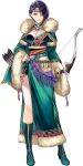  1girl arrow_(projectile) belt black_shorts boots bow_(weapon) breasts cleavage closed_mouth dress fingernails fire_emblem fire_emblem:_three_houses fire_emblem_heroes full_body fur-trimmed_dress fur-trimmed_sleeves fur_trim green_belt green_boots green_dress hairband hand_on_own_hip highres holding holding_bow_(weapon) holding_weapon jewelry large_breasts looking_at_viewer mongolian_clothes official_alternate_costume official_art purple_eyes purple_hair sash shamir_nevrand short_hair shorts side_slit solo tassel transparent_background waist_sash weapon wide_sleeves yamada_koutarou yellow_trim 