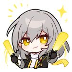  1girl black_gloves chibi chibi_only closed_mouth gloves glowstick grey_hair holding honkai:_star_rail honkai_(series) jacket light_blush looking_at_viewer medium_hair official_art shirt sleeves_rolled_up solo stelle_(honkai:_star_rail) trailblazer_(honkai:_star_rail) upper_body white_shirt 