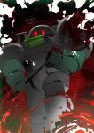  1boy absurdres blood blood_on_armor chestnut_(space_king) commentary e8bahaodiqiu english_commentary english_text hatemace highres holding holding_mace holding_weapon mace red_eyes space_king speech_bubble spiked_mace spikes weapon 