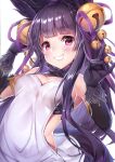  1girl absurdres animal_ears bangs bare_shoulders bell black_gloves blush breasts dress elbow_gloves erune eyebrows_visible_through_hair fur_trim gloves granblue_fantasy hair_ornament highres jingle_bell lips long_hair looking_at_viewer medium_breasts parted_lips purple_eyes purple_hair scan shiny shiny_hair short_dress simple_background solo topia upper_body yuel_(granblue_fantasy) 