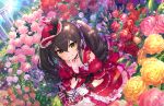  1girl :d black_hair blurry blurry_foreground blush depth_of_field detached_sleeves dress dutch_angle finger_to_mouth flower garden grin hair_between_eyes hat idolmaster idolmaster_cinderella_girls idolmaster_cinderella_girls_starlight_stage looking_at_viewer matoba_risa mini_hat official_art outdoors pink_flower pink_rose purple_flower purple_rose red_dress red_flower red_headwear red_rose ringlets rose shushing smile solo sparkle twintails wrist_cuffs yellow_eyes yellow_flower yellow_rose 