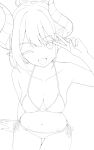  1girl :d ;d arm_behind_back bikini blue_archive blush breasts chiaki_(blue_archive) chiaki_(swimsuit)_(blue_archive) cleavage collarbone commentary cowboy_shot demon_girl demon_horns ennhei_one hair_bun hair_ornament hair_scrunchie halterneck hand_up happy horns jewelry lineart medium_breasts missing_halo monochrome navel necklace o-ring o-ring_bikini o-ring_top official_alternate_costume official_alternate_hairstyle one_eye_closed open_mouth pointy_ears scrunchie side-tie_bikini_bottom sidelocks simple_background single_hair_bun sitting slit_pupils smile solo string_bikini swimsuit thigh_gap v v_over_head white_background 