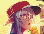  1girl aeria_(eudetenis) check_commentary clip_studio_paint_(medium) close-up commentary_request convenience_store cropped crumbs display eating elf english_commentary eudetenis eyelashes fang food grey_hair hair_between_eyes hat highres holding holding_food holding_sandwich long_hair long_pointy_ears looking_at_viewer mixed-language_commentary open_mouth original pointy_ears portrait red_eyes red_hat romaji_commentary sandwich scar scar_on_cheek scar_on_face shop sidelocks solo steam steaming_food window 