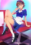  1girl :p absurdres apron awakened_miki black_shoes blue_hairband blue_shirt blue_skirt booth_seating brown_hair closed_mouth commentary_request food full_body green_eyes hairband hand_up highres holding holding_food hoshii_miki idolmaster idolmaster_(classic) idolmaster_1 idolmaster_million_live! idolmaster_million_live!_theater_days indoors izu_(mikirdgn) looking_at_viewer on_table restaurant shirt shoes short_hair short_sleeves sitting skirt socks solo table tongue tongue_out waist_apron waitress white_apron white_socks 