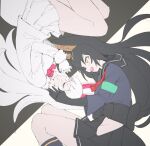  2girls animal_ears black_hair bow bowtie closed_eyes commentary_request elbow_gloves extra_ears fox_ears fox_girl fox_tail gloves grey_hair highres jacket kemono_friends kemono_friends_3 kuroinarisama_(kemono_friends) long_hair lowlandgorilla multiple_girls nontraditional_miko oinari-sama_(kemono_friends) school_uniform serafuku simple_background skirt socks tail yellow_eyes 