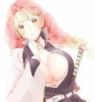  1girl blush braid breasts cleavage eyebrows_visible_through_hair frown gradient_hair green_hair jacket kanroji_mitsuri katana kimetsu_no_yaiba large_breasts looking_to_the_side mole mole_under_eye multicolored_hair open_clothes open_jacket pink_hair solo sword twin_braids upper_body weapon white_background yumeji_poni 