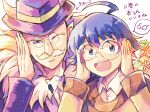  2boys adoptive_grandparent_and_adoptive_grandchild ahoge blue_eyes blue_hair commentary_request facial_hair fur_trim gift glasses hands_up hat highres jacket long_sleeves mairimashita!_iruma-kun male_focus mitsugu_(mitu3293) multiple_boys mustache old old_man one_eye_closed purple_hat purple_jacket spoken_object sullivan_(iruma-kun) suzuki_iruma 