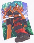  1girl aqua_hair ass bike_shorts black_gloves black_jumpsuit black_shoes black_shorts black_tank_top blue_sky crop_top dark-skinned_female dark_skin expressionless fingerless_gloves foliage freckles from_below front_and_back full_body gloves gradient_hair highres inkerton-kun jumpsuit jumpsuit_around_waist long_eyelashes mechanic_(splatoon_raiders) multicolored_hair multiple_views navel octoling orange_hair outdoors red_eyes shoes short_hair short_shorts shorts side-tie_shirt sky sneakers splatoon_(series) splatoon_raiders tank_top tentacle_hair 