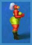  2022 accipitriform anthro avian beak belt big_butt big_hair big_legs bird blue_background boots bottomwear butt choker clothed clothing curled_hair curvaceous curvy_figure dyna_soar female footwear frowning_at_viewer fully_clothed green_clothing gym_bottomwear gym_clothing gym_shorts hair hi_res jewelry looking_at_viewer nails necklace painting_(artwork) ponytail red_body shorts side_view signature simple_background sleeveless_topwear solo standing traditional_media_(artwork) voluptuous vulture vulture_demoness wrestler wrestler_costume 