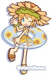  1girl alternate_costume arm_strap bikini bikini_skirt blonde_hair blue_eyes bracelet commentary_request flat_chest floral_print flower flower_as_hat full_body hand_up himarie_(puyopuyo) holding holding_swim_ring innertube jewelry leaf leaf_bracelet looking_at_viewer official_style one_eye_closed open_mouth orange_bikini orange_flower orange_skirt pimyuhuwa print_innertube puyopuyo puyopuyo_quest sandals short_hair skirt smile solo standing standing_on_one_leg sunflower sunflower_print swim_ring swimsuit twitter_username waving 