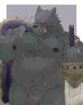  2022 anthro belly big_belly blush canid canine canis dragon_night800 genitals hi_res humanoid_hands kemono male mammal melee_weapon moobs nipples overweight overweight_male penis scar solo sword weapon wolf 