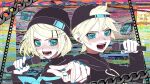  1boy 1girl aqua_eyes aqua_nails aqua_neckerchief back-to-back backwards_hat baseball_cap beanie black_hat black_hoodie blonde_hair brother_and_sister chain character_name clip_studio_paint_(medium) distortion drawstring english_commentary film_grain finger_gun glitch_background hair_ornament hair_through_headwear hair_tuft hairclip hat heavy_film_grain highres holding holding_hands holding_microphone hood hoodie interlocked_fingers kagamine_len kagamine_rin locked_arms looking_at_viewer microphone neckerchief open_mouth pointing pointing_at_viewer pom_pom_(clothes) pom_pom_beanie say_it_(synthesizer_v) siblings singing spiked_hair swept_bangs teeth upper_body vhs_artifacts vocaloid zontik2404 