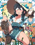  1girl :o animal_print belt belt_pouch black_eyes black_hair blue_bow blue_overalls blue_ribbon blush blush_stickers boots bow braid braided_twintails breasts brown_belt brown_boots cleavage collared_shirt commentary_request cow_print crab cup denim denim_overalls dot_nose drinking_glass farm farmer fence hair_between_eyes hat hat_bow hat_ribbon highres holding holding_cup knee_up large_breasts long_hair looking_down lucia_(scott_malin) milk on_fence original overall_shorts overalls pouch ribbon scott_malin shirt sidelocks sitting sleeves_rolled_up solo strap_slip straw_hat white_shirt wooden_fence 