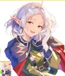  1girl ahoge belt black_cape blush breasts brown_belt cape cloak commentary_request cropped_torso elf green_jacket grey_robe highres jacket long_pointy_ears looking_at_viewer medium_hair mushoku_tensei open_mouth pointy_ears red_cape red_eyes robe sanbai2012 simple_background small_breasts smile solo sylphiette_(mushoku_tensei) two-sided_cape two-sided_fabric two-tone_cloak upper_body white_background white_hair 