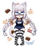  1girl :o alternate_costume alternate_hairstyle animal_ear_fluff animal_ears artist_name ass_visible_through_thighs bare_arms bespectacled black-framed_eyewear black_one-piece_swimsuit blue_eyes blue_flower blunt_bangs blunt_ends blush braid braided_twintails cake cake_slice cat_ears cat_girl cat_tail character_name claw_pose commentary_request dated deformed fan_request fang flower food glasses hair_flower hair_ornament hands_up long_hair looking_at_viewer low_twintails nekopara no_shoes one-piece_swimsuit open_mouth outline school_swimsuit semi-rimless_eyewear short_twintails sidelocks simple_background skindentation solo stalkingp straight-on swimsuit tail thigh_gap thighs transparent_background twintails vanilla_(nekopara) very_long_hair white_outline 