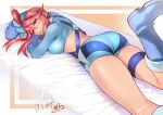  1girl absurdres anklet ass blue_gloves blue_shorts breasts crop_top gloves hair_ornament highres jewelry leg_up long_sleeves looking_at_viewer lying midriff on_bed pokemon pokemon_(game) pokemon_bw red_hair short_shorts shorts signature skyla_(pokemon) user_mxpn5743 