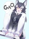  1girl animal_ears blue_background blue_eyes blush commentary_request extra_ears gloves grey_hair grey_wolf_(kemono_friends) heterochromia highres jacket kemono_friends long_hair looking_at_viewer lowlandgorilla necktie on_floor open_mouth scarf shoes simple_background skirt solo tail thighhighs wolf_ears wolf_girl wolf_tail yellow_eyes 
