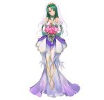 1girl absurdres bangs bare_shoulders bouquet breasts bridal_veil cecilia_(fire_emblem) cleavage detached_sleeves dress fire_emblem fire_emblem:_the_binding_blade fire_emblem_heroes flower full_body green_eyes green_hair highres kainown long_dress long_hair long_sleeves medium_breasts official_alternate_costume pink_flower simple_background solo standing veil very_long_hair white_background white_dress 