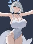  1girl absurdres artist_name black_choker blue_archive blue_halo blush breasts cetacean_tail choker cleavage commentary_request covered_nipples detached_sleeves fins fish_tail grey-framed_eyewear grey_hair grey_pupils halo highleg highleg_one-piece_swimsuit highres huge_breasts korean_commentary kotone_(blue_archive) looking_at_viewer one-piece_swimsuit outstretched_arms qwlwart round_eyewear short_hair spread_arms sweat swimsuit tail white_one-piece_swimsuit 
