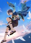  1boy anemo_symbol_(genshin_impact) armor belt bishounen blue_hair blunt_ends cape floating full_body furisode genshin_impact hakama hakama_shorts highres japanese_armor japanese_clothes kimono kote kurokote layered_sleeves male_focus saekiya_sabou scaramouche_(genshin_impact) shorts solo wanderer_(genshin_impact) 