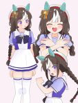  1girl :d :o ^_^ animal_ears bow bowtie braid braided_twintails brown_hair closed_eyes commentary ear_bow ear_covers facing_viewer hair_bobbles hair_ornament hat highres hokko_tarumae_(umamusume) horse_ears horse_girl komori_kamome long_hair multicolored_hair multiple_views open_mouth orange_bow puffy_short_sleeves puffy_sleeves purple_bow purple_bowtie purple_eyes purple_shirt sailor_collar school_uniform shirt short_sleeves simple_background skirt smile thighhighs tracen_school_uniform two-tone_hair umamusume white_background white_hair white_hat white_sailor_collar white_skirt white_thighhighs x_arms 