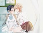  2girls arm_out_of_sleeve bed black_hair blonde_hair blue_eyes blush bow bowtie brown_jacket brown_skirt collared_shirt commentary curtains eye_contact grey_bow grey_bowtie grey_ribbon hagura87g hair_ribbon hand_on_another's_forehead highres hospital_bed indoors jacket long_sleeves looking_at_another miniskirt multiple_girls nose_blush original parted_lips pleated_skirt profile ribbon school_uniform shirt short_hair sitting skirt taking_temperature under_covers untranslatable_commentary very_short_hair white_shirt worried yuri 