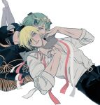  1boy 1girl alternate_costume arms_around_neck ass_cutout bare_shoulders belt black_pants blonde_hair blue_dress clothing_cutout couple dimitri_alexandre_blaiddyd dimitri_alexandre_blaiddyd_(timeskip) dress elbows_on_ground eyepatch female_byleth_(awakened)_(fire_emblem) female_byleth_(fire_emblem) female_byleth_(sothis_regalia)_(fire_emblem) fire_emblem fire_emblem:_three_houses gold_tiara green_eyes green_hair hair_ornament heart heart_hair_ornament hetero husband_and_wife jewelry legs_up looking_at_another lying official_alternate_costume on_back pants partially_open_shirt red_ribbon ribbon ring shirt simple_background smile star_(symbol) star_hair_ornament suzuen tassel tassel_hair_ornament wedding_ring white_background white_ribbon white_shirt 