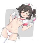  1girl absurdres akagi_miria ass_visible_through_thighs bikini black_hair blush bow bow_bikini breasts closed_eyes commentary cowboy_shot dutch_angle flying_sweatdrops gloves grey_background half_gloves hands_up hat highres holding holding_syringe idolmaster idolmaster_cinderella_girls micro_bikini navel nurse_cap open_mouth revealing_clothes short_hair short_sleeves shrug_(clothing) side-tie_bikini_bottom simple_background small_breasts smile string_bikini sweat swimsuit syringe teeth thighhighs two-tone_background two_side_up upper_teeth_only white_background white_bikini white_gloves white_hat white_shrug white_thighhighs zaza_(zahaoming) 